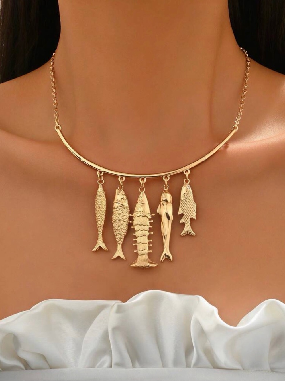 Gold Fish Charm Bib Necklace